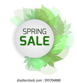 Banner for the spring sale with green leaves. Vector element for your design