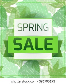 Banner for the spring sale with green  leaves. Vector element for your design