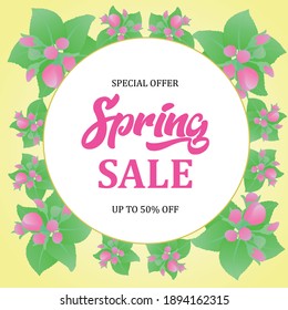 Banner spring sale with round frame. Vector illustration