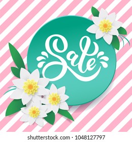 Banner for Spring or Summer sale background with yellow and white flowers, daffodils. Striped floral pattern with hand drawn lettering Sale. For create and print invinations, flyers, posters, booklets
