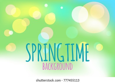 Banner springtime. Blurred spring green, yellow and blue background with bokeh. Vector illustration