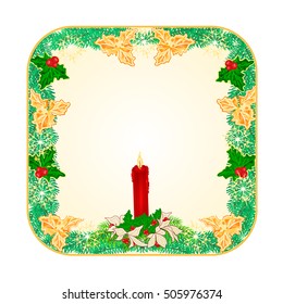 Banner  square button Christmas Spruce with  a red candlestick and poinsettia vector illustration