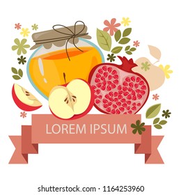 Banner square shape for the Jewish holiday (new year). There are such symbols as pomegranate, apple and honey. Vector illustration on white background. Place for text.