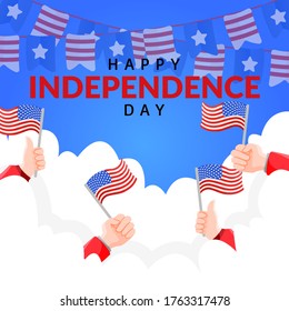 banner square social media greeting independence day with 4 hands holding usa's flag