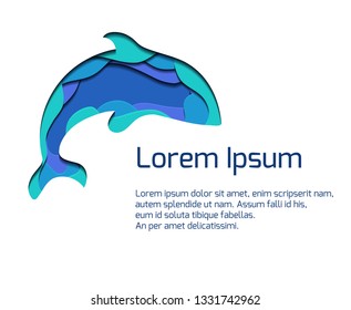 Banner with ssilhouette of grampus with 3d element cut out of paper in blue colors. Killer whale.  Vector summer template for presentations, banners, flyers and your design.