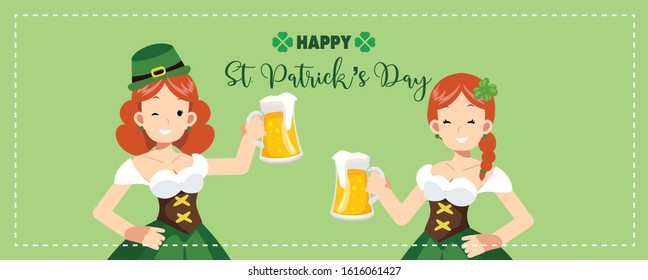 Banner of st Patrick's day. 2 Cute woman are cheers with mug of beer. Vector illustration.Flat design.
