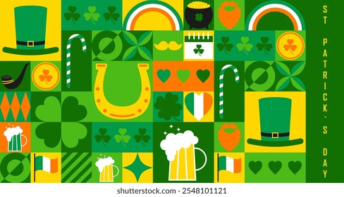 Banner for St. Patrick`s Day celebration with modern abstract geometric Bauhaus pattern. Vector illustration