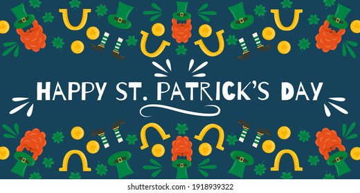 Banner for St. Patrick's day with leprechaun head mask, clover, coin, horseshoe, gnome hat ang shoes. Design for greeting or post card,festive invitation, flyer, decoration, pub menu.