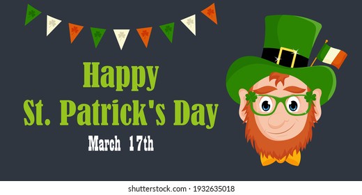 Banner for St. Patrick's Day. A leprechaun wearing glasses decorated with shamrocks. Vector illustration on a gray background.