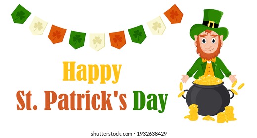 Banner for St. Patrick's Day. A leprechaun and a pot of gold coins, vector illustration on a white background.