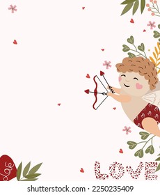 Banner for St. Valentine with Cupid shooting from a bow, flowers, leaves and hearts around. A little angel as a symbol of love. Composition for greeting cards, posters, banners. Vector illustration
