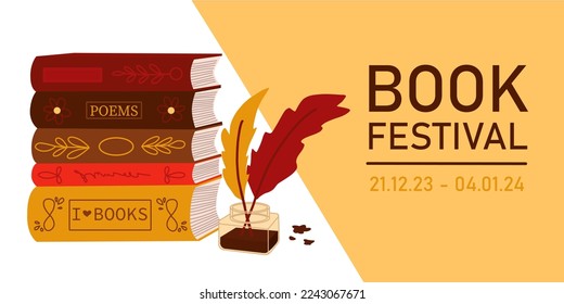 Banner with stack of books and feathers with ink. Vector illustration in flat cartoon style about reading