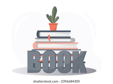 Banner with stack of books, reading is power concept, flat vector illustration