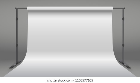 Banner stand with white paper backdrop. Realistic Photo Studio