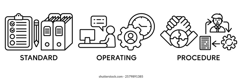 Banner "Standard Operating Procedure". SOP is a set of step-by-step instructions compiled by an organization to help workers carry out complex routine operations. Vector illustration concept