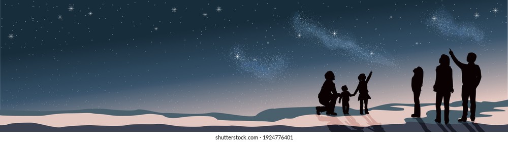 Banner stargazing looking at dark night sky stars. A group of people family and friends with man woman and children with telescope in silhouette. Looking at milky way astronomy concept vector grouped 