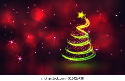 Banner with stars and Christmas tree on a bright background. Christmas design, decor. Vector illustration. New Year Wallpaper.