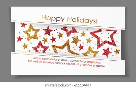 Banner with stars from gold, red sparkles, glitter, paper ribbon and space for text on white background. Vector illustration. Elements for cards, design, wedding, web, invitation, business, party.