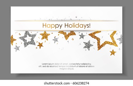 Banner with stars from gold, silver sparkles, glitter, paper ribbon and space for text on white background. Vector illustration. Elements for cards, design, wedding, web, invitation, business, party.