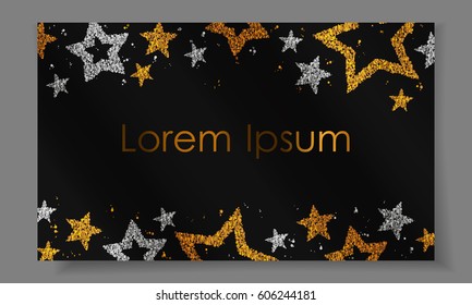 Banner With Stars From Gold, Silver Sparkles, Glitter And Space For Text On Black Paper With Shadow. Vector Illustration. Elements For Poster, Wedding, Invitation, Diploma, Party, Web, Cards.