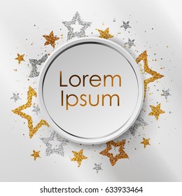 Banner with stars from gold and silver sparkles, glitter and white paper sticker with space for text and shadow. Vector illustration.