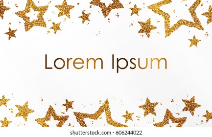 Banner with stars from gold sparkles, glitter and space for text on white background. Vector illustration. Elements for poster, wedding, invitation, diploma, party, web, cards.