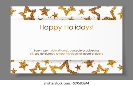 Banner with stars from gold sparkles, glitter, paper ribbon and space for text on white background. Vector illustration. Elements for cards, design, wedding, web, invitation, business, party.