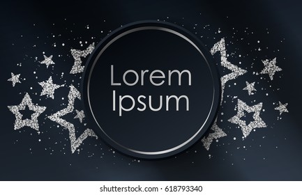 Banner with stars from silver sparkles, glitter and black paper sticker with space for text and shadow. Vector illustration.