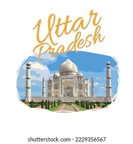 Banner for the State of Uttar Pradesh with the hand drawn illustration of Taj Mahal.