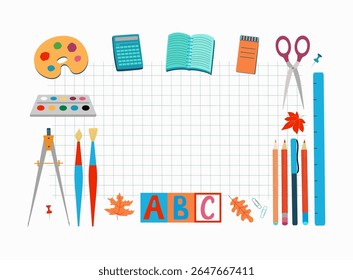Banner stationery. School, office supplies. Frame, squared sheet. Academic year, education. September 1, Knowledge Day, place for text. Background isolated, squared paper.