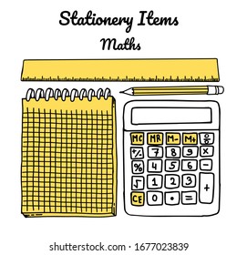 Banner with stationery set of items with black outline and yellow color. Vector illustration of school or office supplies in doodle cartoon style for design of business media. 