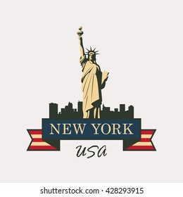 banner with statue of Liberty in background of New York in United States flag