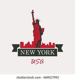 banner with statue of Liberty in background of New York in flag