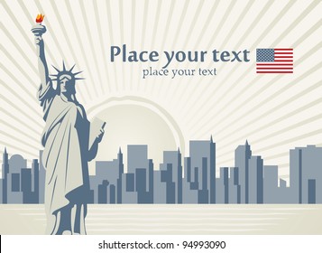 banner with statue of Liberty in background of New York