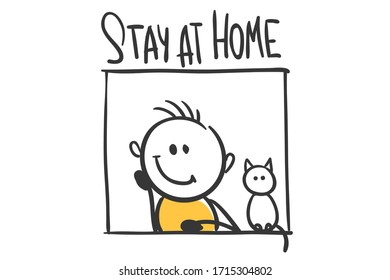 Banner -- Stay at home. Funny man with a cat at the window, vector illustration.