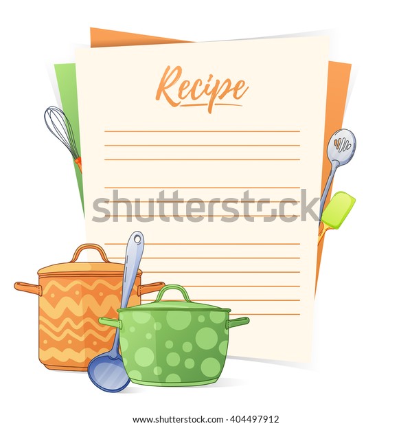 Banner, sticker, a note for the recipe. Making the\
recipe for cooking. Kitchen pots and kitchen tools for the design\
of brochures, flyers, web banners. Recipe box. Recipe cards. Recipe\
book. Vector. 