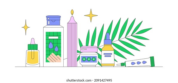 Banner with still life with beauty products, tropical leaf and candle. Skin care and self care concept. Online shopping. Korean cosmetics. Daily beauty routine. Vector illustration.