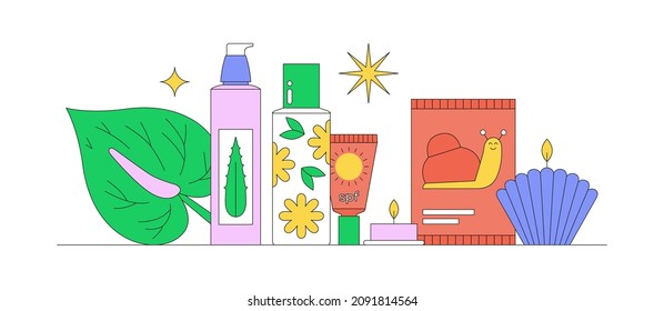 Banner with still life with beauty products, tropical leaf and candle. Skin care and self care concept. Online shopping. Korean cosmetics. Daily beauty routine. Vector illustration.