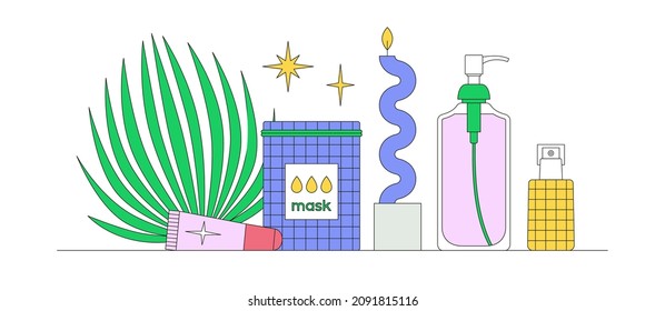 Banner with still life with beauty products, tropical leaf and candle. Skin care and self care concept. Online shopping. Korean cosmetics. Daily beauty routine. Vector illustration.
