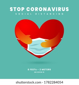 El cartel de detener el coronavirus. Distancia social, corazón rojo lindo con máscara médica, concepto anti coronavirus. Cartel. Pegatina. Ilustración vectorial.