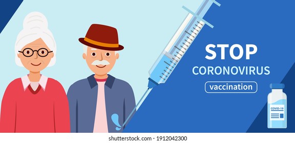Banner Stop coronavirus.  Vaccination of elderly people to protect. concept of combating coronavirus. Blue Vector illustration in flat style 