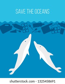 Banner stop ocean plastic pollution. Ecological poster with dolphin under block of plastic garbage. Water waste problem concept SAVE THE OCEANS. Vector flat illustration