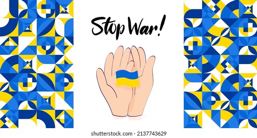 Banner Stop Russian War. Vector Illustration of National Ukraine Ornament. 