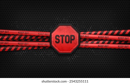 Anuncio con stop sign y cintas rojas de precaución. Línea de seguridad sobre fondo negro. Cinta de barrera de la escena del crimen. Ilustración vectorial.