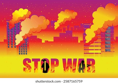 Banner stop the war. Vector illustration of war. Silhouette of a soldier with the slogan stop the war. Illustration of a world peace without armed conflict