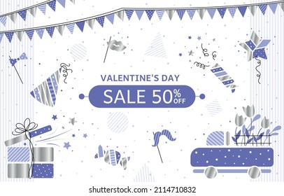Banner for the store with elements of gifts, holiday and flowers. A sign for a promotion for Valentine's Day. Postcard template in flat style