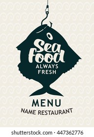 banner for the store or seafood restaurant with fish on a hook