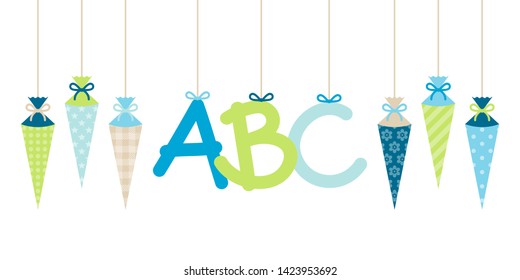 Banner Straight Hanging School Cornets Boy And ABC Letters Blue Green