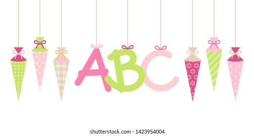Banner Straight Hanging School Cornets Girl And ABC Letters Pink Green