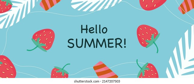 Banner with strawberries and ice cream Hello summer